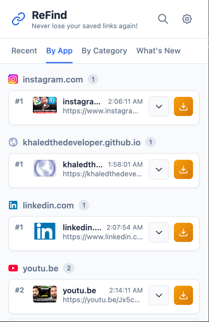 ReFind dashboard showing saved links sorted by platform — YouTube, Facebook, Instagram